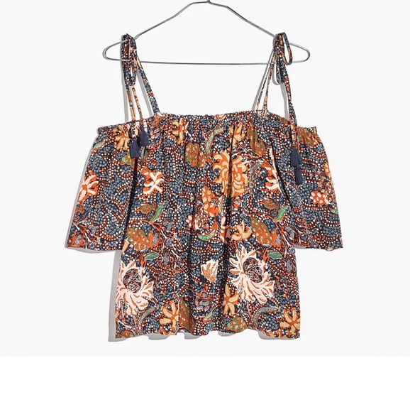 Madewell Silk cold shoulder tasseled cropped top in Sea Floral size XS - Picture 2 of 5
